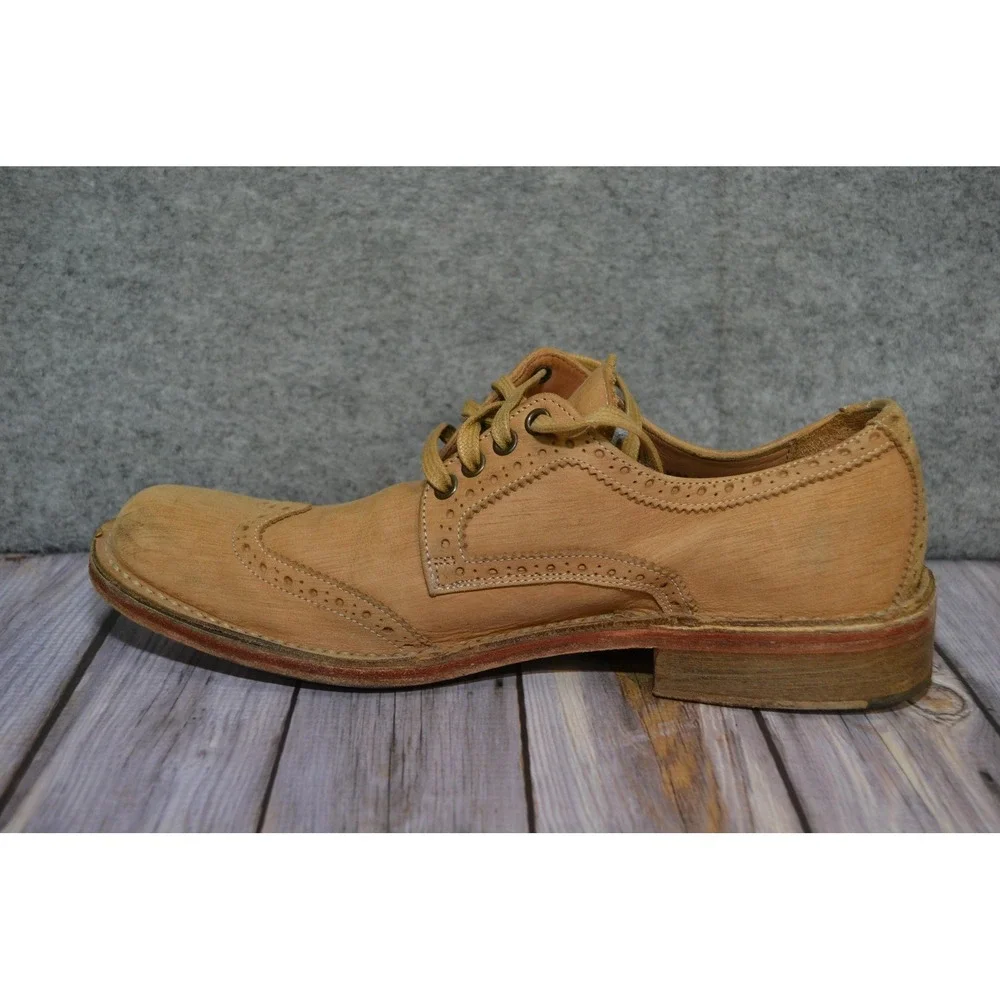 John Varvatos Shoes Mens 8.5 Beige Leather Wingtip Brogue Dress‎ Handmade Italy